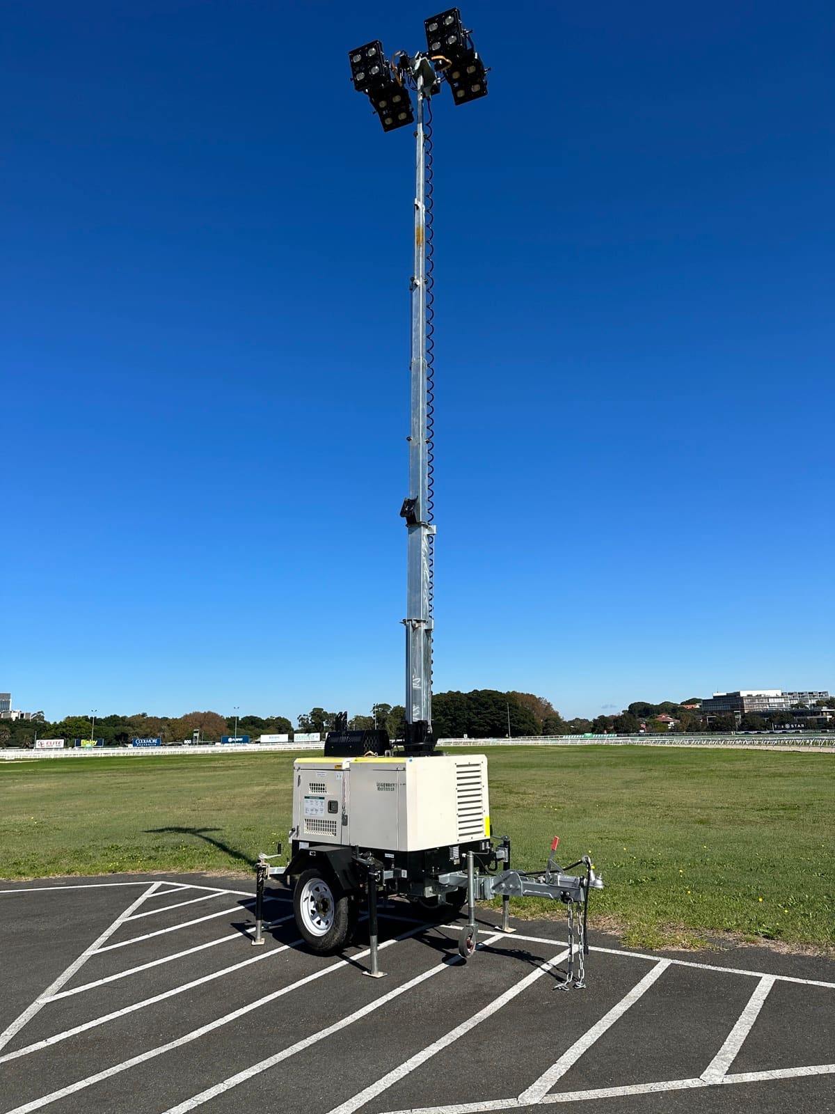 Lighting tower running overnight at a Guildford industrial site via HireHub