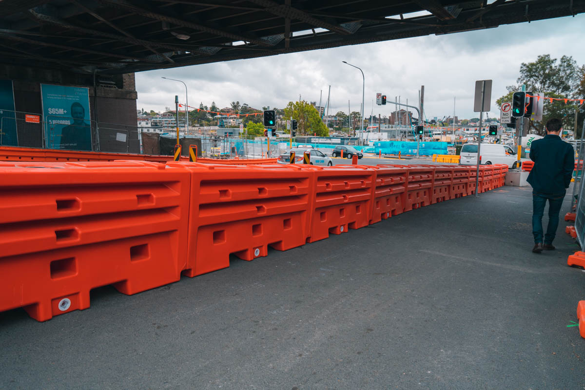 Water-filled barriers lining a Sydney work zone via the HireHub network